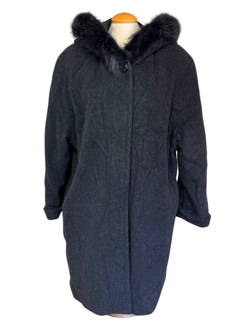 London Fog Charcoal Hooded Wool Trench Coat with Fur Trim